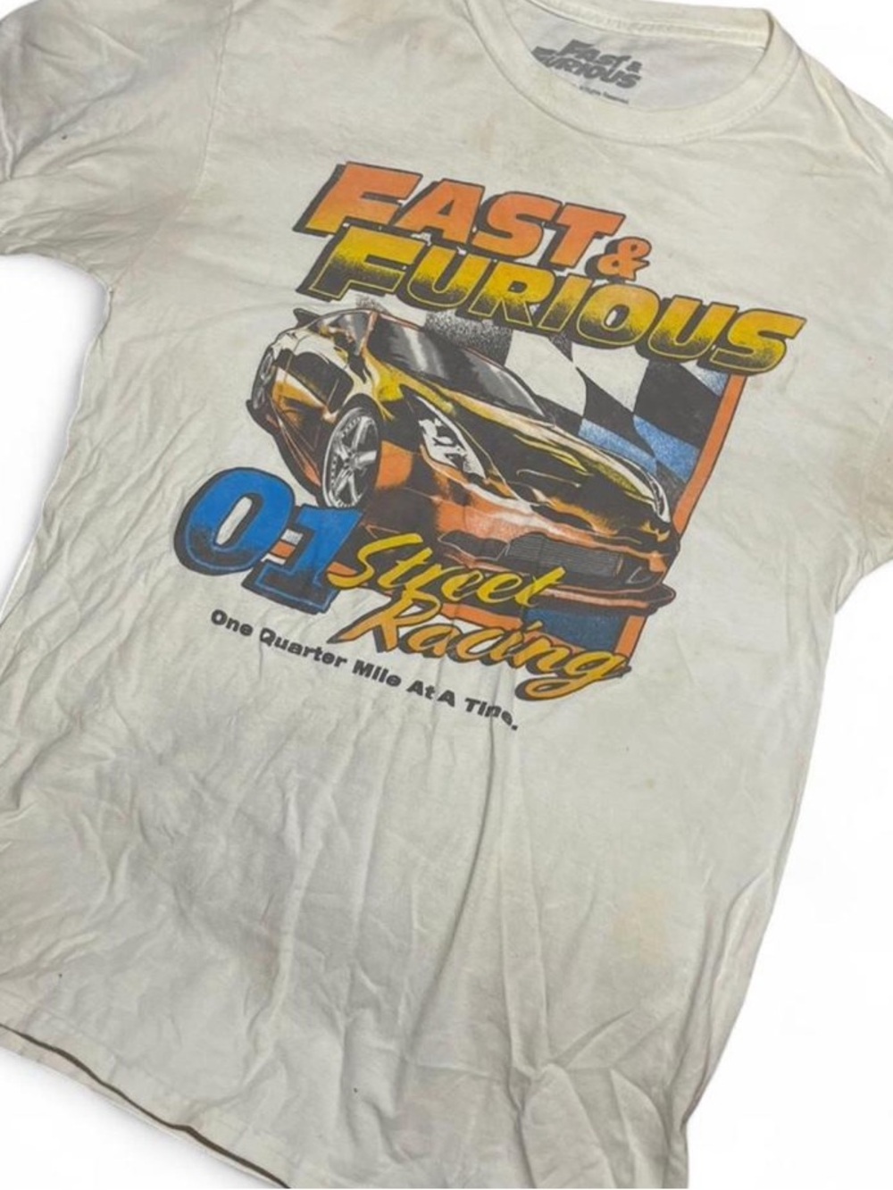 Universal White Fast & Furious Graphic Tee with Orange & Blue Accents